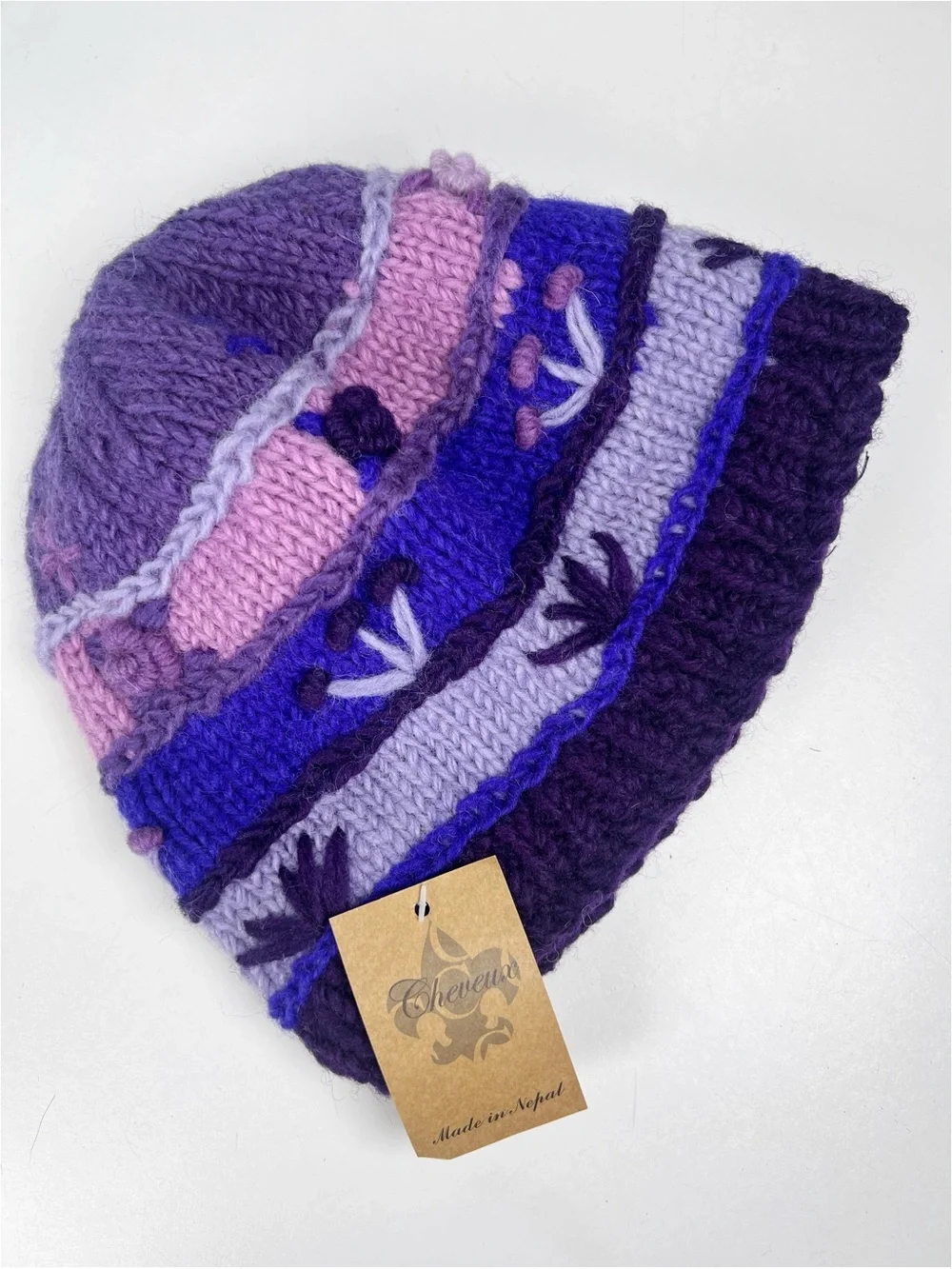 Handmade in Nepal Purple Pink Blue Floral 100% Wool Knit Beanie Hat